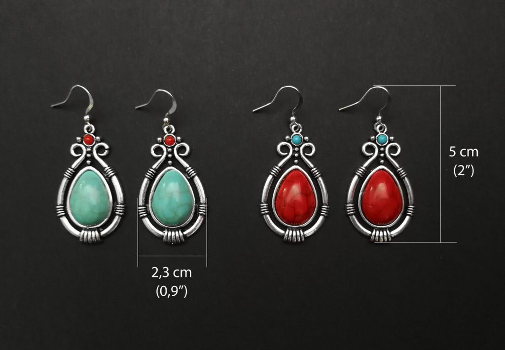 Boho-Ohrringe in Türkis oder Rot und tibetisches Silber - Option Ohrhaken aus 925er Sterlingsilber
