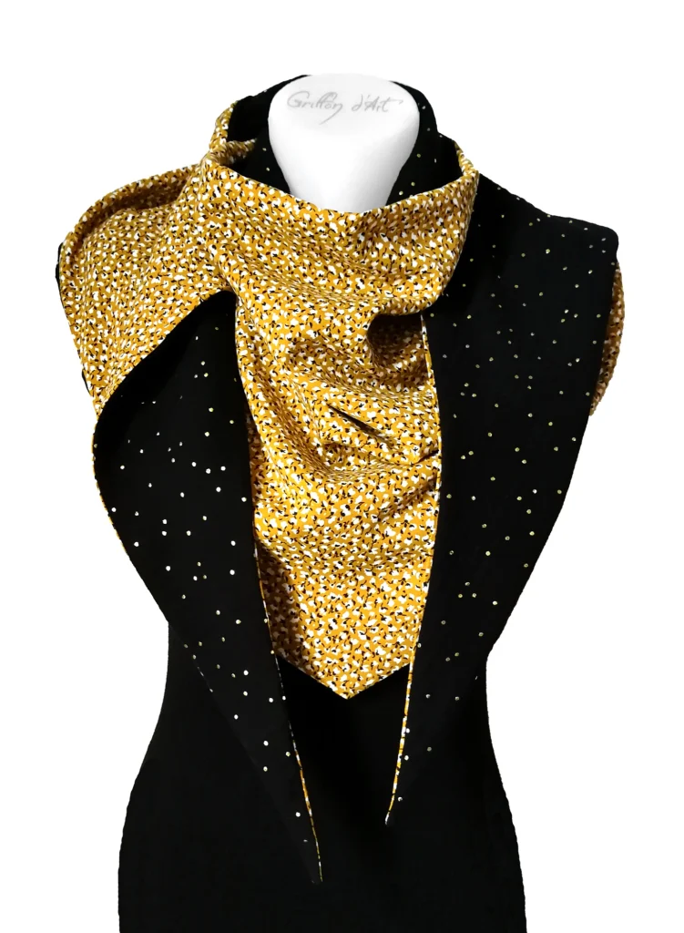 Viscose 11 wrap scarf and black double gauze 1 with gold polka dots
