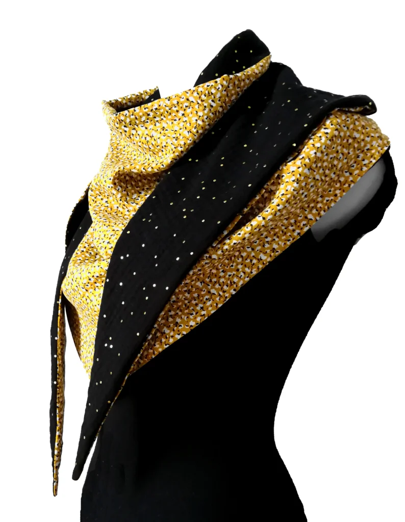 Viscose 11 wrap scarf and black double gauze 1 with gold polka dots