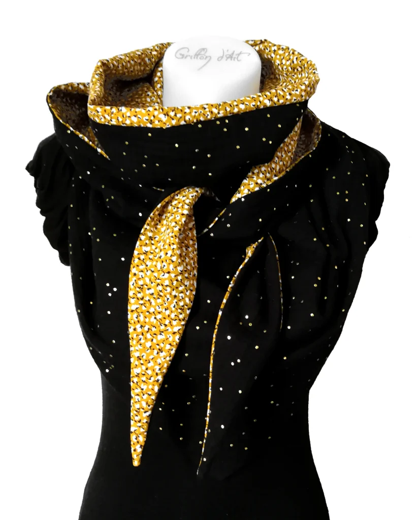 Viscose 11 wrap scarf and black double gauze 1 with gold polka dots