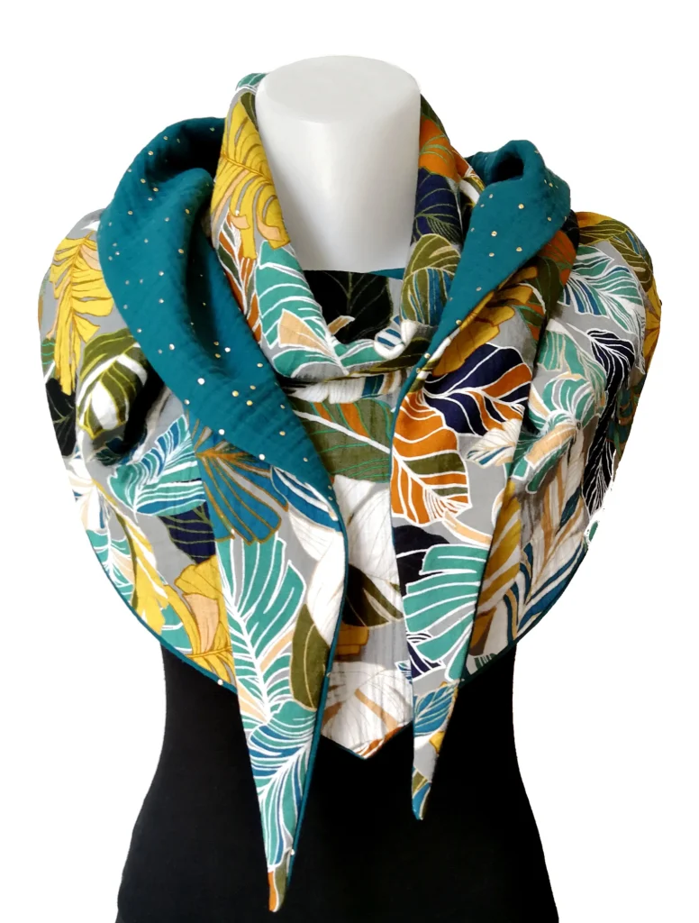 Viscose 7 wrap scarf and duck blue double gauze 4 with gold polka dots