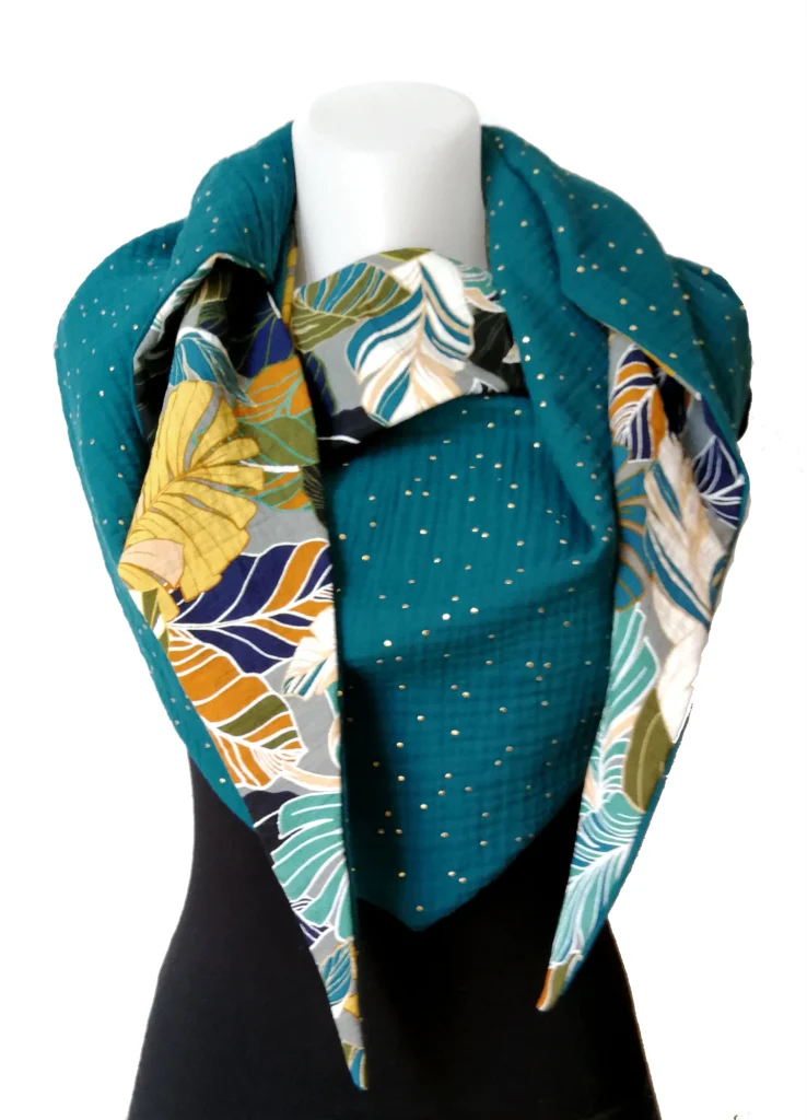 Viscose 7 wrap scarf and duck blue double gauze 4 with gold polka dots