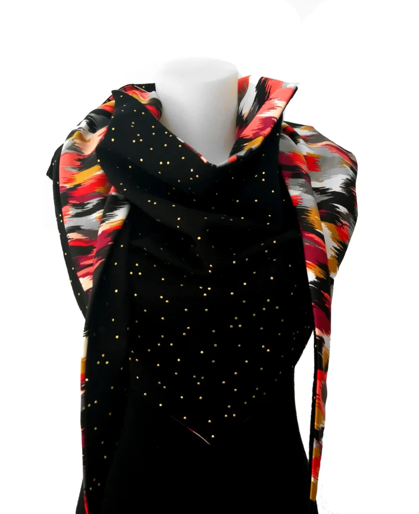 Viscose 16 wrap scarf and black double gauze 1 with gold polka dots