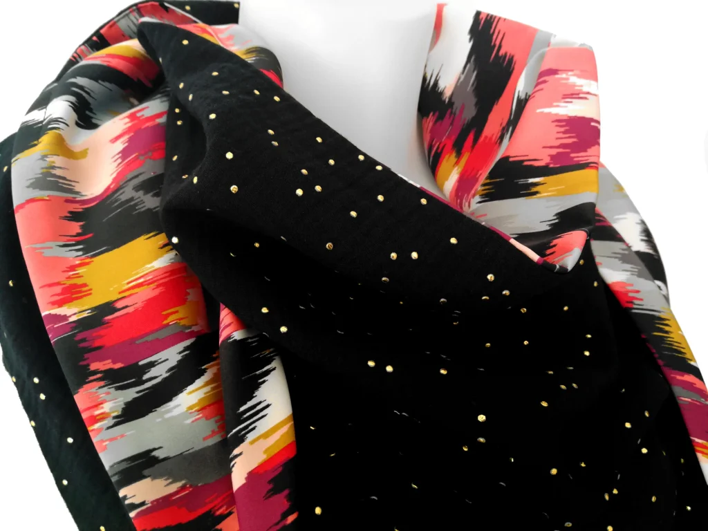 Viscose 16 wrap scarf and black double gauze 1 with gold polka dots