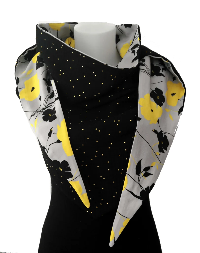 Viscose 10 wrap scarf and black double gauze 1 with gold polka dots