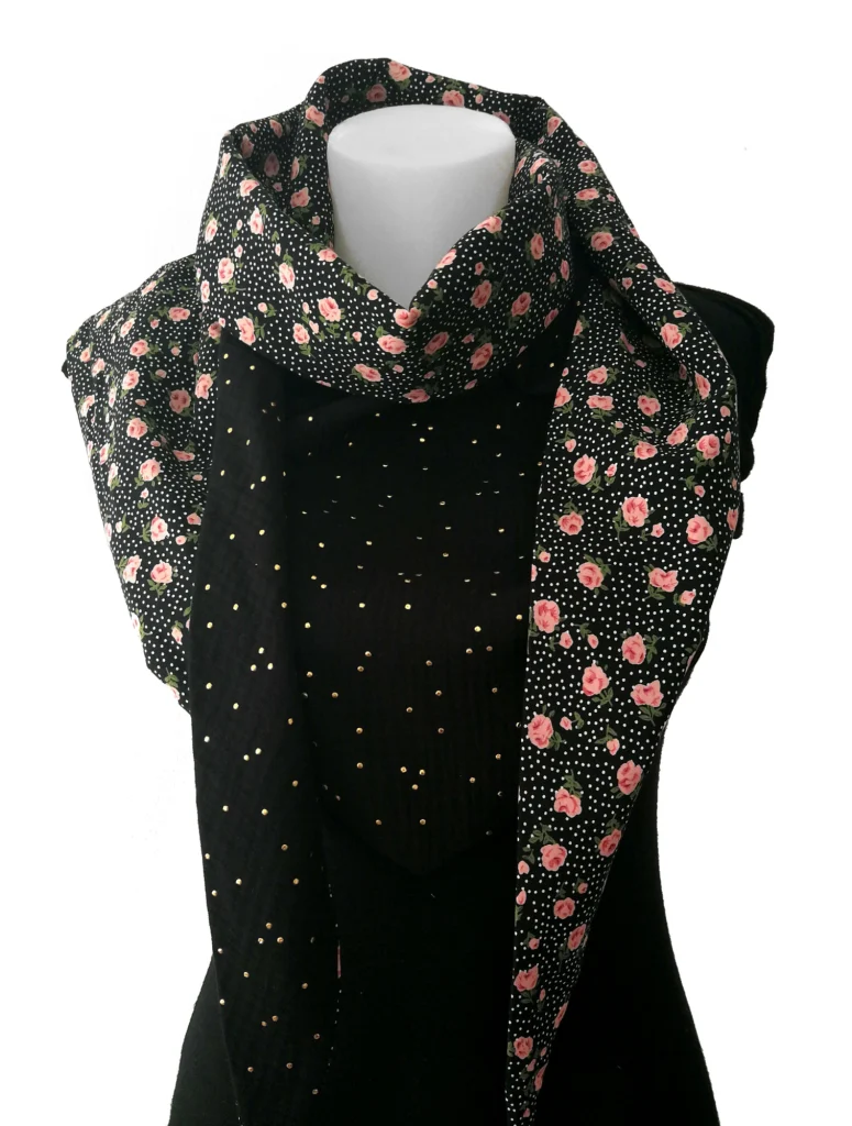 Viscose 9 wrap scarf and black double gauze 1 with gold polka dots