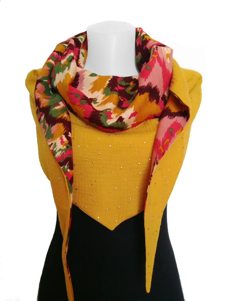 Viscose 17 wrap scarf and mustard yellow double gauze 3 with gold polka dots